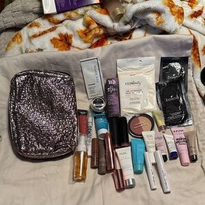 Metallic Makeup Bag with Assorted Beauty Products